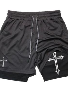 Cross Print 2 in 1 Workout Running Shorts for Men Gym Athle