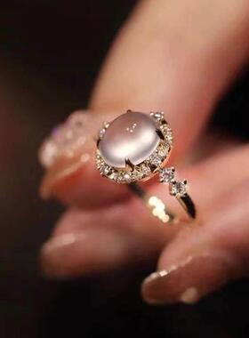 超温柔冰种白冰玉髓蛋面戒指金镶嵌翡翠开口戒指玻璃种送女友礼物