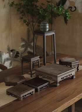 大相莲花 新中式花瓶底座 实木底托 花架 家居摆件工艺品展示架