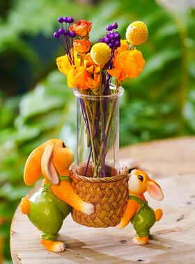 创意可爱兔子摆件动物花器干燥花插玻璃试管水培花瓶花园桌面装饰