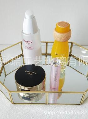 玻璃花房 甜品摆件盘 欧式铜边 镜面首饰收纳托盘 家居收纳盒