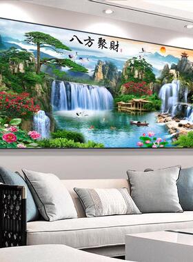 迎客松挂画农村中堂客厅背景墙流水生财家和万事兴山水风景装饰画