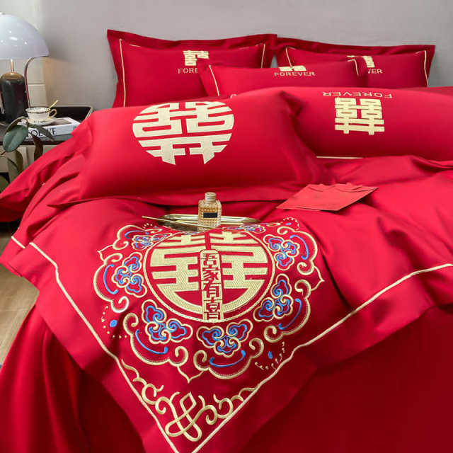 New wedding four-piece set wedding big red simple embroidered quilt cover bed sheet wedding quilt bedding