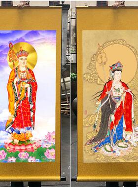 地藏王菩萨佛像卷轴画玄关装饰画佛堂结缘画像丝绸国画挂画包邮