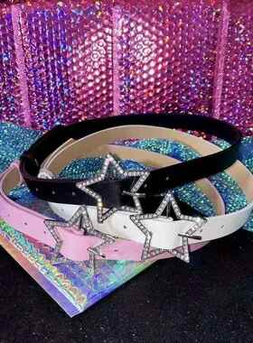 Y2K Star Buckle Belt Pink Leather Elastic Binding Embellishe