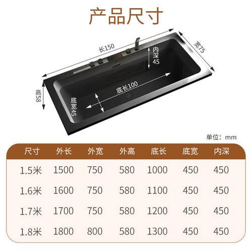砌筑无裙 嵌入式浴缸家用成人彩色亚克力高级黑色情侣双人1.5-1.8 - 图2