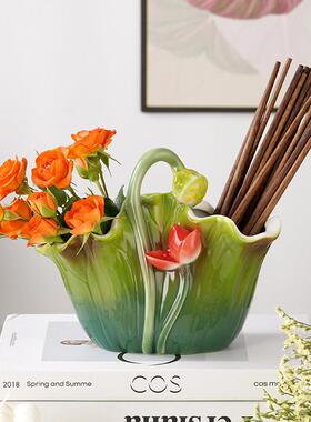 现代中式珐琅彩陶瓷花瓶客厅餐厅装饰品摆件插花桌面干花装饰花盆