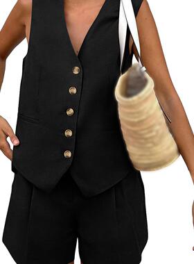Women's Summer 2 Piece Outfits Sleeveless Button Down V Neck