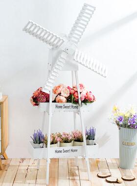 田园创意风车花架摆件家居阳台装饰品木质置物架奶咖店铺橱窗落地