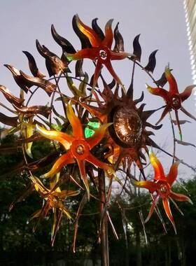 外贸欧美风能转动新款户外花园草坪插件带灯太阳神旋轮大风车铁艺