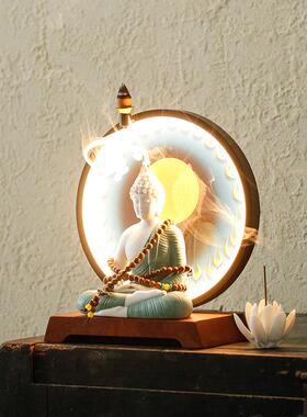 陶瓷大号释迦摩尼如来佛像中式禅意灯圈摆件家居客厅玄关供奉装饰