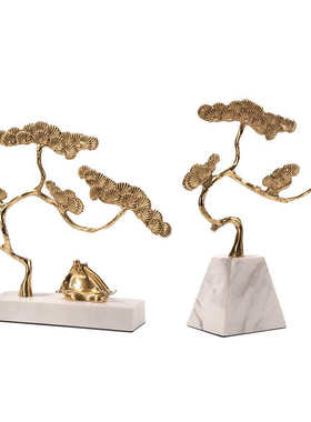 新中式创意铜迎客松装饰摆件样板间书房博古架酒柜软装禅意摆设品