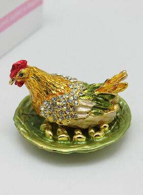 一蛋鸡装饰盒合金母鸡生蛋招财风水摆件小饰品收纳盒家居装饰