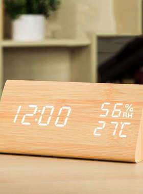 直供创意声控桌面夜灯数字电子闹钟 led木头钟 三角形温湿度