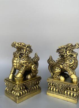 铜将军麒麟纯铜麒麟摆件一对家居玄关客厅方底麒麟店铺摆件