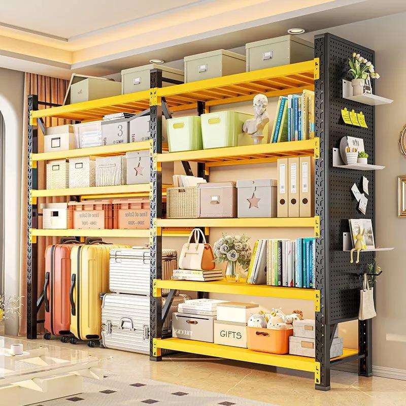 Use perforated board shelves to store five 704 gold tool storage display racks in the garage and basement.