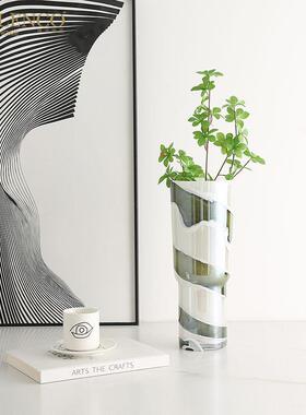 北欧新风格创意绿飘带玻璃花瓶样板房别墅客厅餐桌果盆高级感摆件