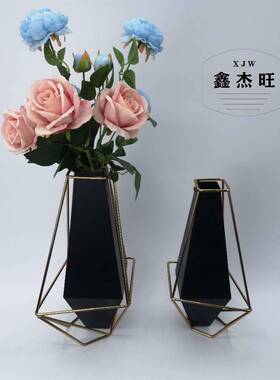 新中式几何金属花瓶摆件客厅玄关餐桌装饰品电视柜花器轻奢风铁艺