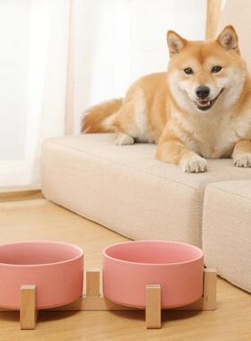 Ceramic Dog Bowl Cat Food Water Bowls with Wood Stand No Spi