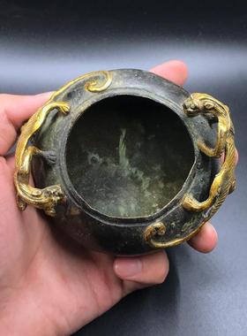 仿古古玩杂项 黄铜做旧笔洗 铜烟灰缸摆件 鎏金双貔貅铜笔洗