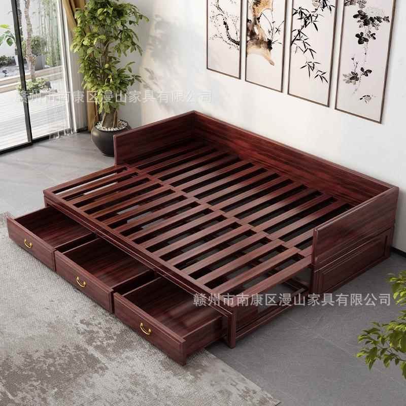 新中式罗汉床实木花梨木推拉床客厅贵妃榻伸缩储物带抽屉箱沙发床 - 图2