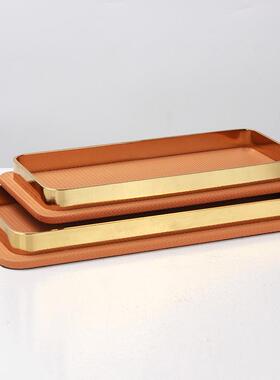 简约现代金属皮革几何长方形托盘桌面收纳样板房卧室客厅装饰摆件