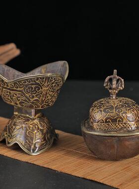 日本进口尼泊尔手工托巴紫铜格桑花碗佛前家用供水酒杯摆件