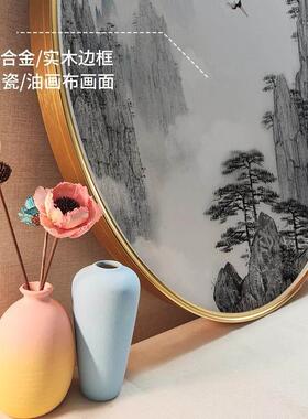 带灯发光圆形装饰画定制挂画新墙画中式玄关客厅轻奢墙壁画框墙面