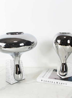 现代简约欧式银色水滴玻璃花器花瓶摆件样板房售楼处客厅软装饰品