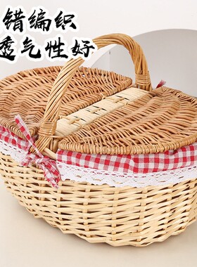 跨境柳编野餐篮厂家编织提篮小篮子婚庆圆形小篮子柳编手提篮