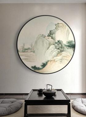 中式茶圆形国装饰画山水幽居客厅玄关山新水画水室墨画禅意挂画中