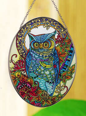 diy猫头鹰装饰品玻璃家居客厅挂饰彩绘工艺品饰摆件摆