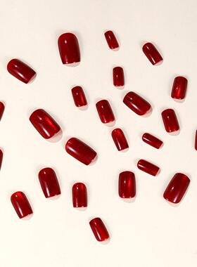 成品穿戴甲显白红色爆闪猫眼美甲贴片方形假指甲False nails