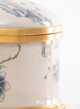 美式陶瓷配铜孔雀描金装饰盖盒首饰盒摆件 室内客厅茶几软装饰品