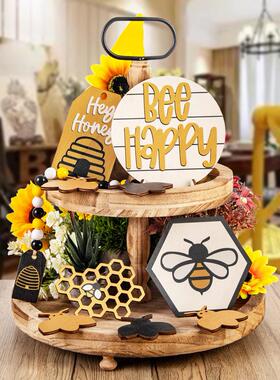 2023跨境花园田园蜜蜂风格套装分层托盘装饰品桌面木质摆件