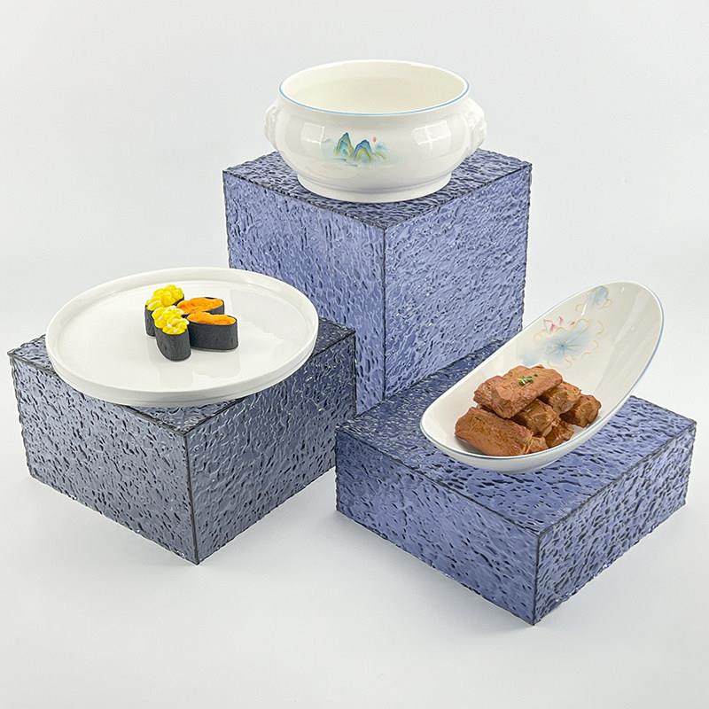 压克力透明蓝灰色盒子底座装饰甜品自助餐明档展示盘支架摆菜品台,淘宝优惠券,粉丝福利购,淘宝优惠卷
