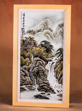 重工山水瓷板画陶瓷大师罗拥军手绘装饰画家居挂画陈列摆件包框裱