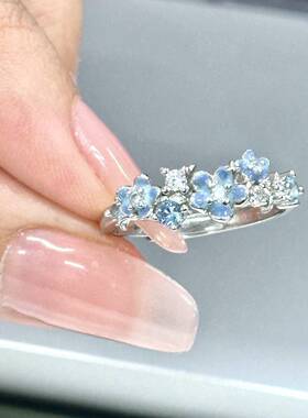 “星辰花戒”蓝色小繁花朵可调节银色戒指女甜美小众食指戒不掉色