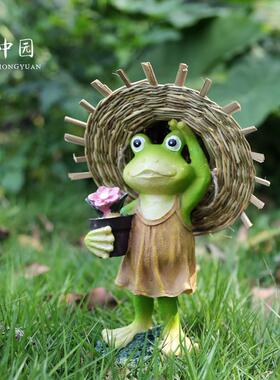 草帽小青蛙花园庭院摆件别墅阳台户外装饰树脂可爱动物工艺礼品摆