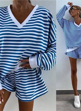 Women's Striped Print Long Sve Tee & High-Waisted Shorts