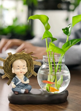 个性禅意茶宠四不小和尚客厅插花小摆件玻璃器皿绿萝水培装饰摆件