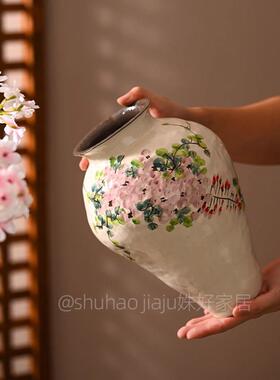 新中式景德镇手工陶瓷花瓶素雅风彩绘插花花瓶家居客厅装饰摆件