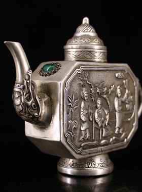 古玩收藏仿古铜手工打造镶嵌宝石鎏银人物酒壶家居装饰工艺品