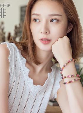 老料碧玺多圈手链女5-6mm老矿彩虹色碧玺珠子散珠串珠三圈手串