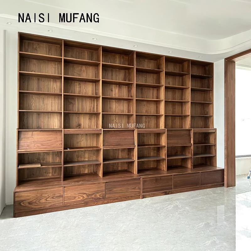 北美全实木满墙书柜定制黑胡桃原木客厅图书馆樱桃木橡木卡座书柜 - 图3