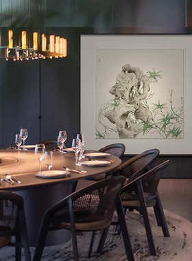 新中式正方形玄关客厅装饰画酒店餐厅茶室挂画太湖石竹子禅意壁画