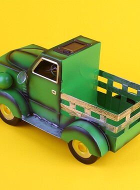 复古太阳能带树皮卡车花盆装饰品花园装太阳能卡饰跨灯境迷你巴士