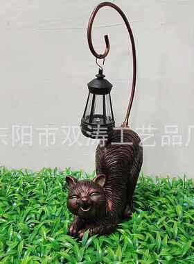 跨境新款复古灰猫太阳能庭院灯创意树脂仿古猴子铁艺环挂灯工艺品