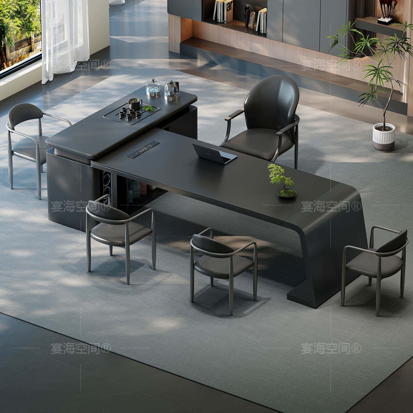 2025 new high-end black slate tea table kettle integrated tea set complete set of office reception tea table