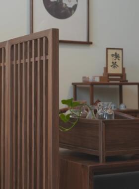 白驹格物北美黑胡桃木新中式禅意屏风茶空间隔断实木围栏